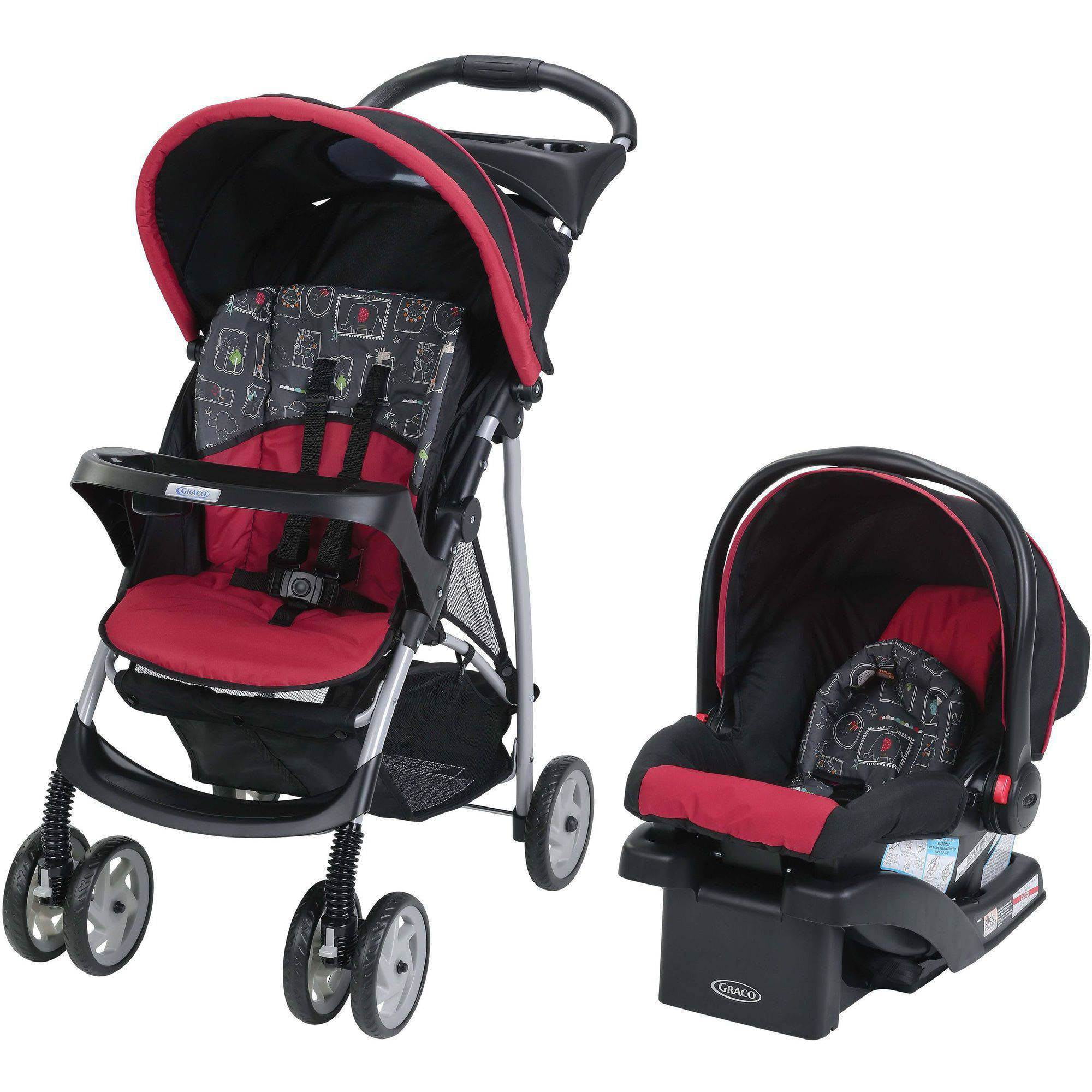 red and black car seat and stroller