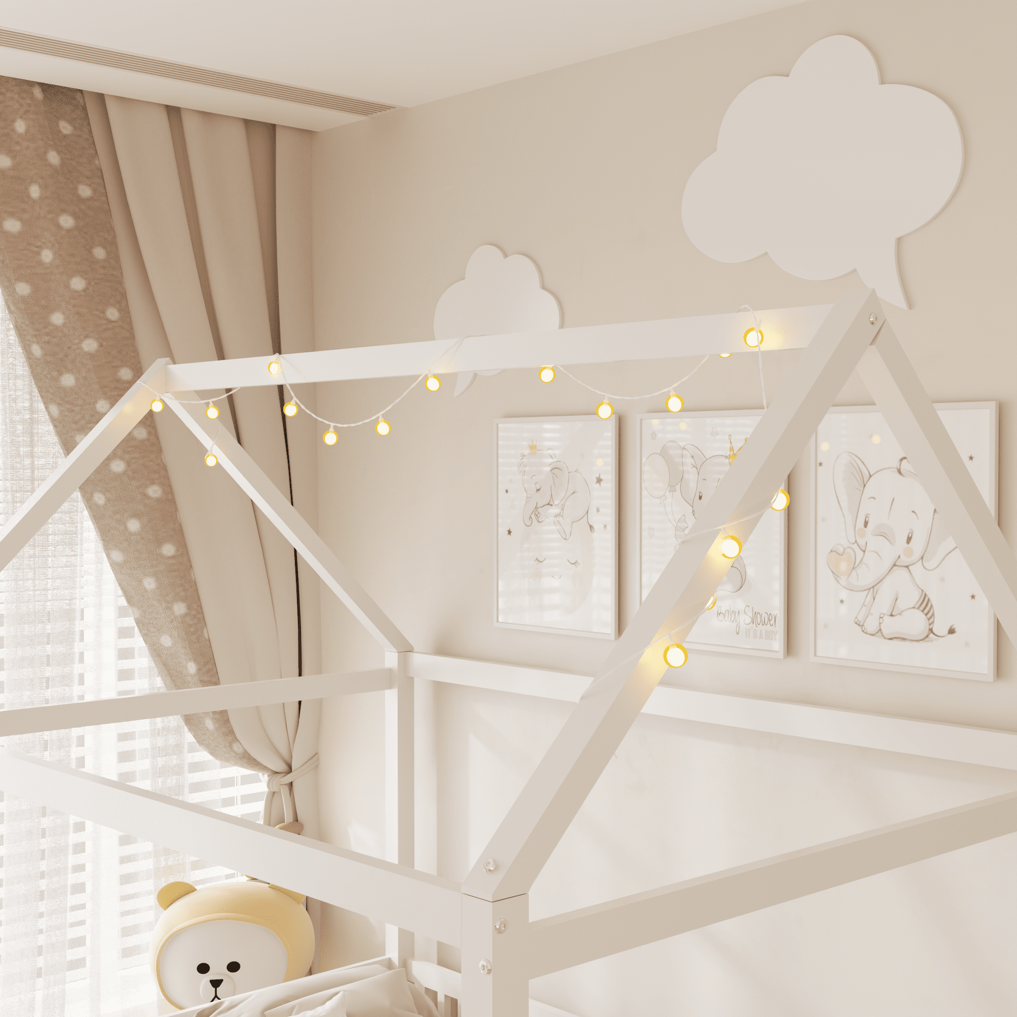 Solid and Stable Wood Full Size House Bed with Guardrail and Led (White)