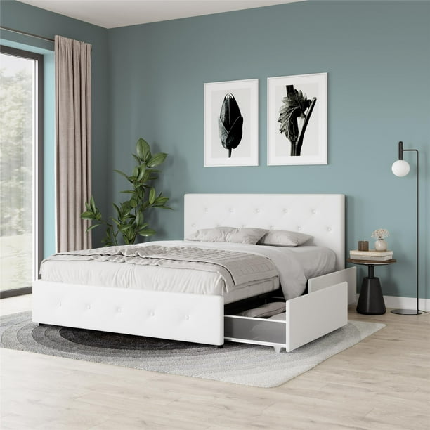 Dean Upholstered Bed With Storage, White Leather Headboard Queen With Storage