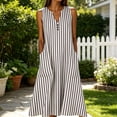 thumbnail image 2 of Women's Vertical Striped V‑Neck Sleeveless Midi Dress Loose Casual Tiered Summer Dress with Functional Side Pockets Beige XL(XL), 2 of 6