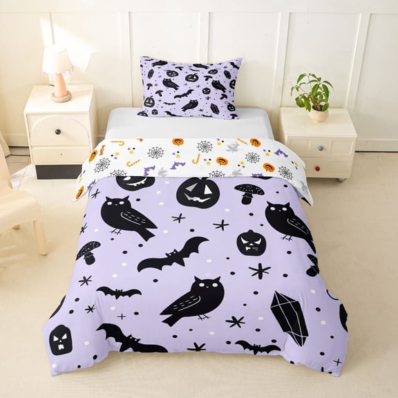 Homewish Witchy Forest Owl Bat Twin Duvet Cover for Kids, Purple Mushroom Pumpkin Twin Bedding, Halloween Reversible, 2pcs, 1 Duvet Cover and 1 Pillowcase
