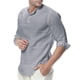 thumbnail image 1 of Blusa y camisa de manga larga con cuello alto para hombre, holgada, de algodón y lino, lisa, de manga corta, con cuello en V., 1 of 4