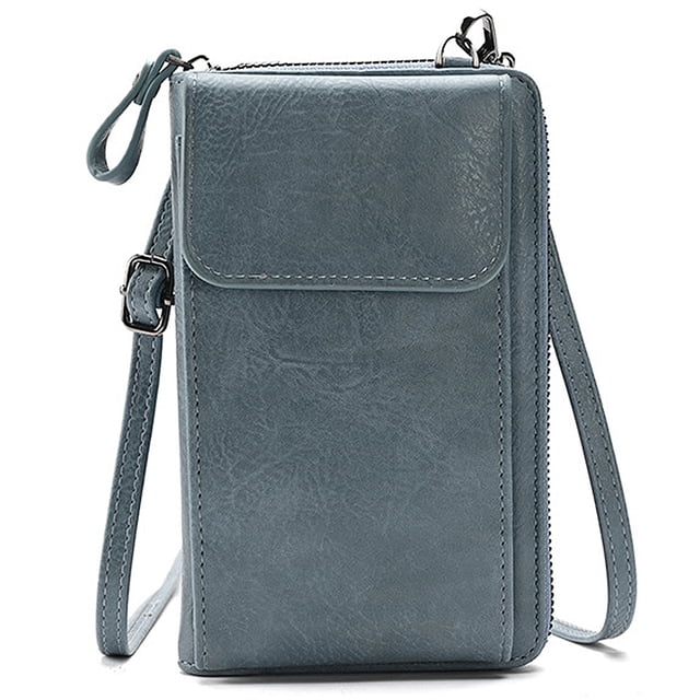Azul*Bolso para teléfono móvil, pequeño bolso de hombro, de cuero, con ranuras para tarjetas RFID, para viajes