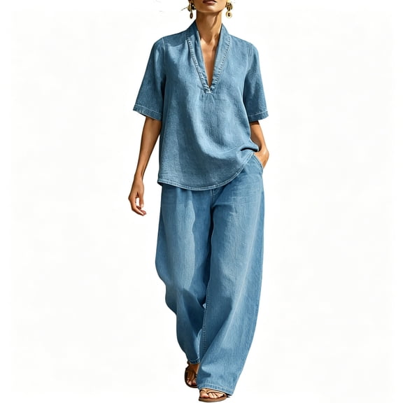 Enjoytime Denim Two Piece Sets for Women V-Neck Short Sleeve Tops Pants Matching Set Travel Casual Plus Size Outfits