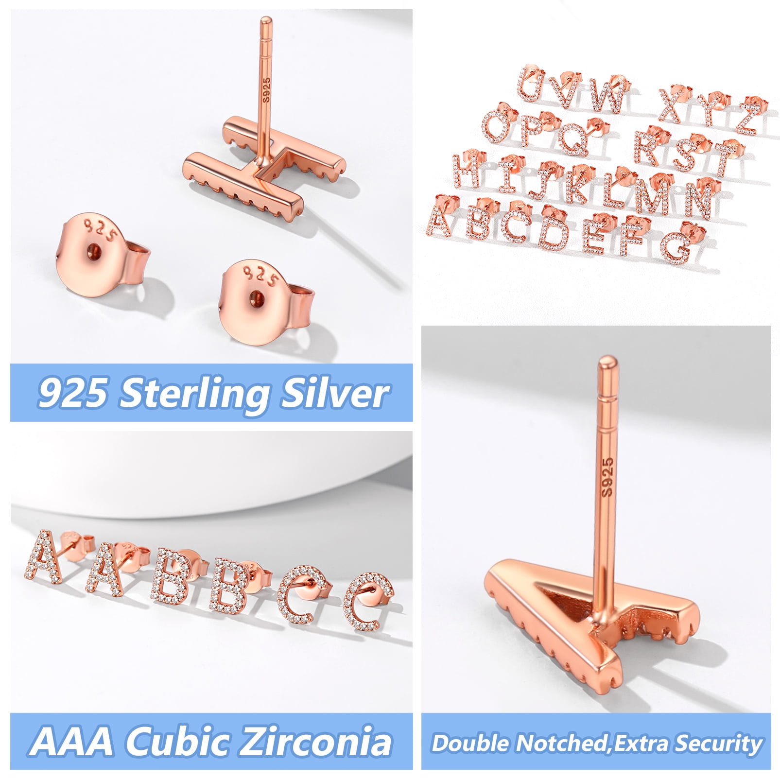 Silvora Rose Gold Plated Stud Initial Earrings for Women CZ Simulated Diamond Letter V Silver Earring