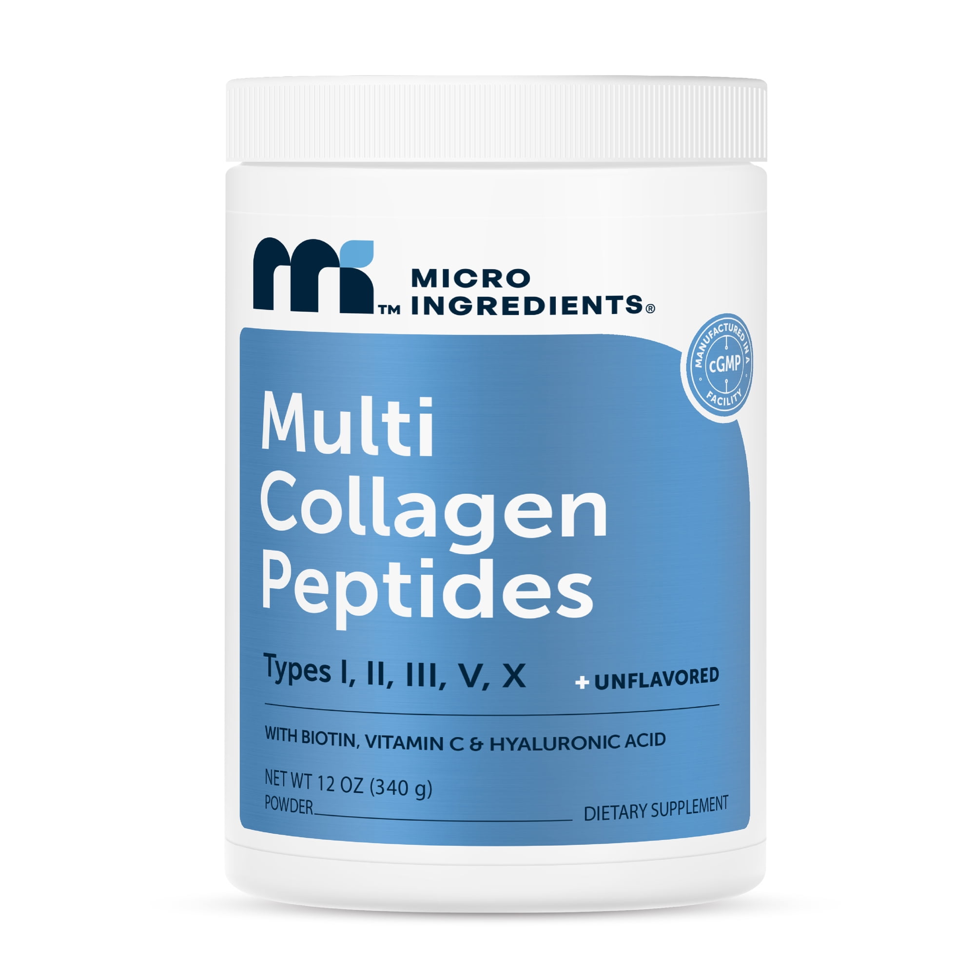Micro Ingredients Multi Collagen Peptides Powder, Full Spectrum Type I, II, III, V, X + Biotin, Hyaluronic Acid, & Vitamin C, Unflavored, Keto & Paleo Friendly, 12 Ounces