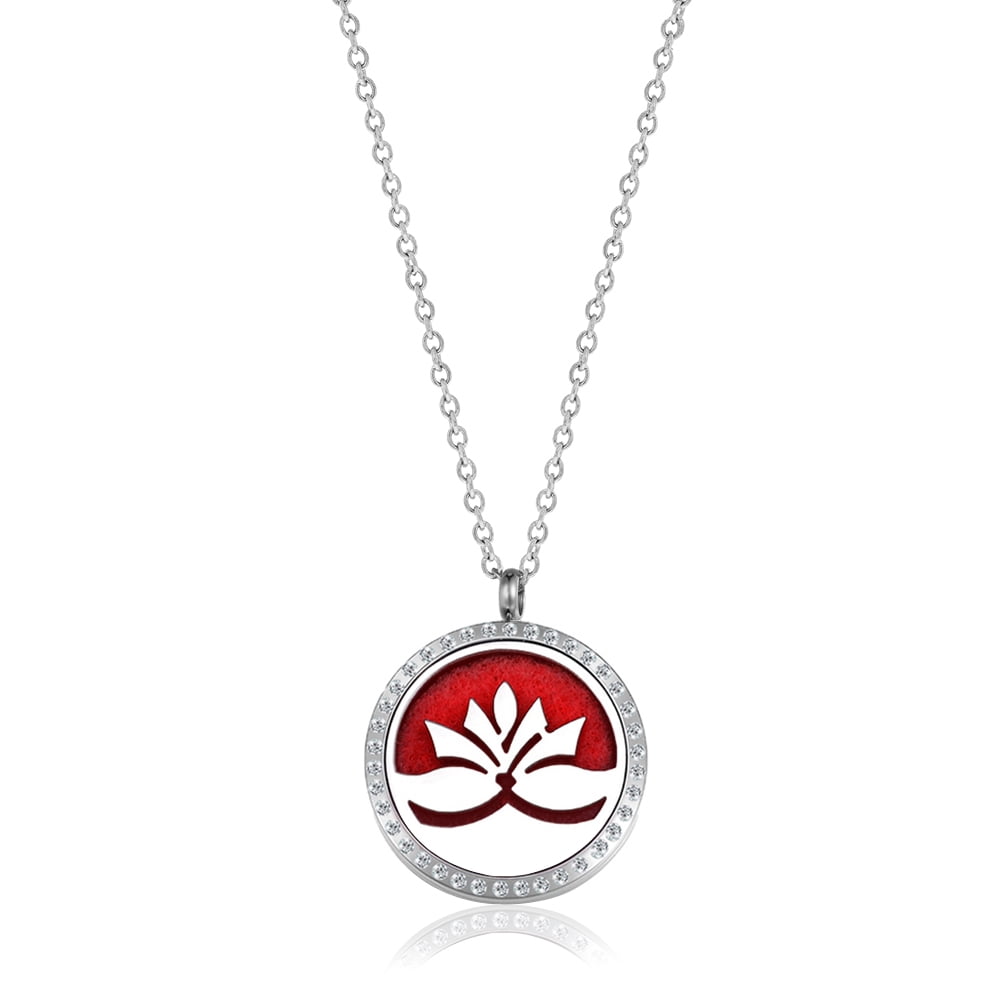 Standard Rhinestone Lotus Aromatherapy Necklace Oil Lockets Jewelry Essential Oil Diffuser Necklace with Gift Box