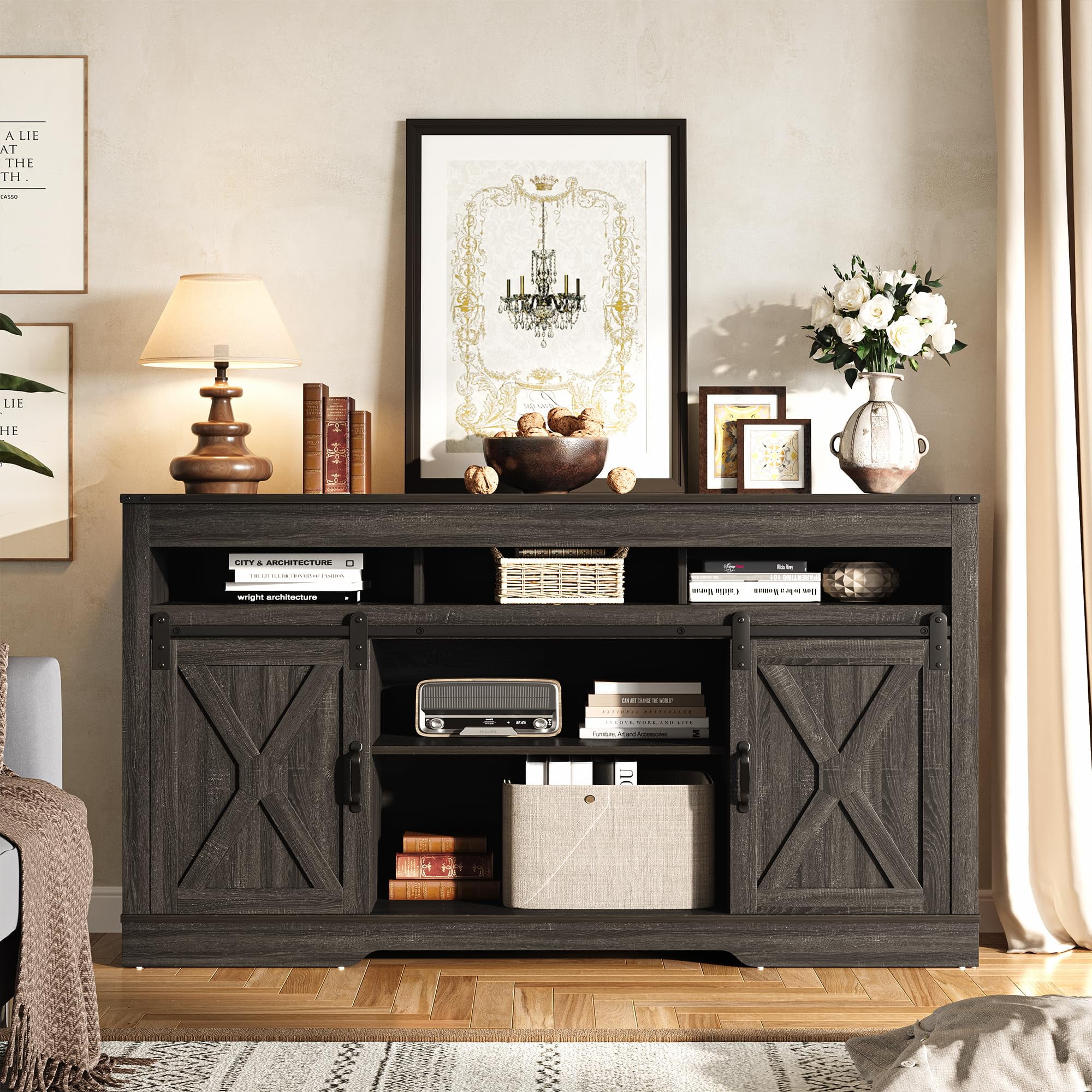 Heynemo TV Stand for 65+ Inch TV, Farmhouse 34'' Tall Entertainment Center for 23" Fireplace, Rustic TV Console with Sliding Bar Door for Living Room (Dark Grey)