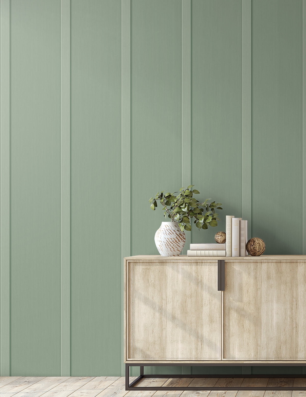 NextWall Sage Green Faux Board & Batten Peel and Stick Wallpaper