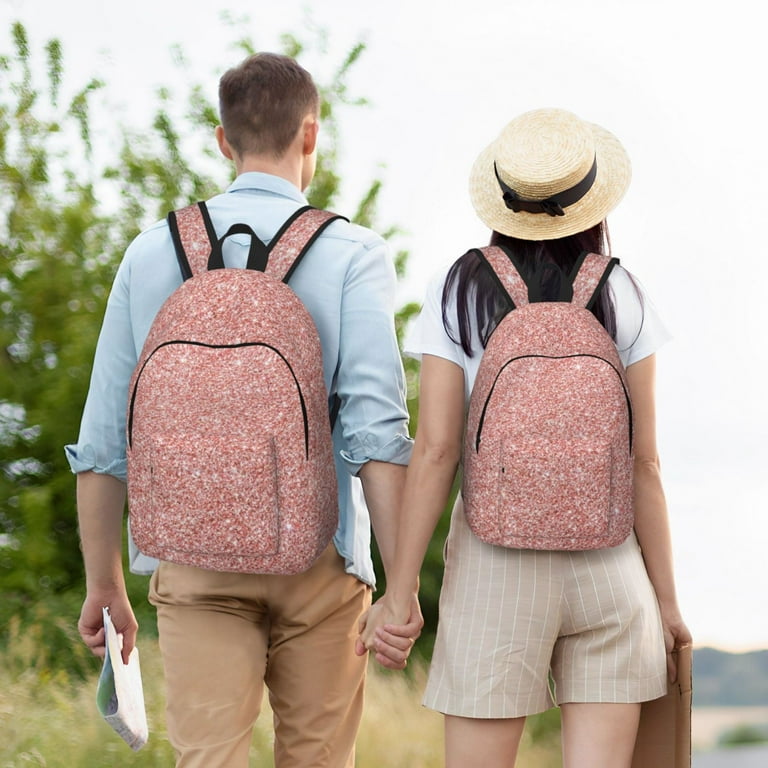 Qokaie Rose Gold Glitter Printed Classical Basic Travel Backpack For School Water Resistant Bookbag Canvas Backpack Adjustable Straps Backpack laptop