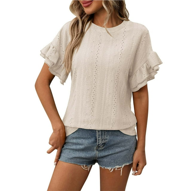 Womens Summer Eyelet Tops Ruffle Sleeve Blouse Casual Loose Fit Tunic Tees Crew Neck Solid Color T Shirt