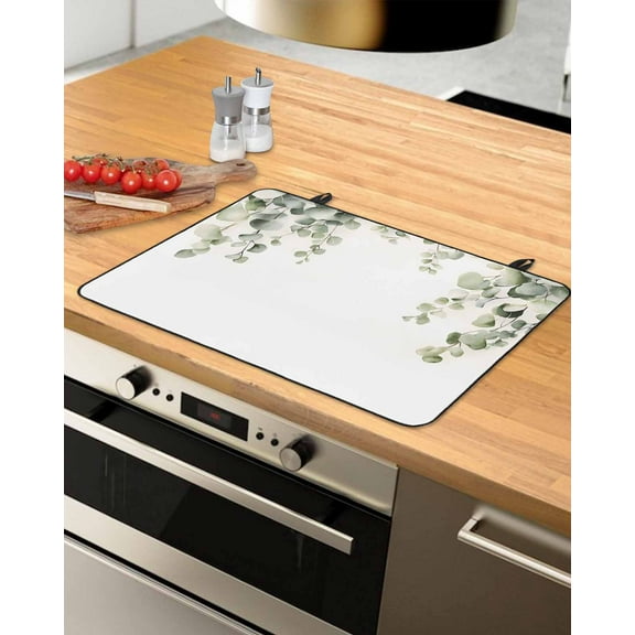 nqOlkjepod Large Induction Cooktop Protector Mat 24"x21", Sage Green Leaves Stove Top Covers for Electric Stove, Watercolor Spring Botanical Eucalyptus Stove Burner Cover Mats, Glass Top Stove Cover
