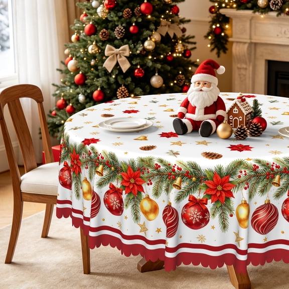 Christmas Round Tablecloth 60 Inch,Holly Garland Print,Stain‑Resistant Table Cover For Dining Kitchen Indoor Outdoor Party Decor