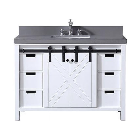 Lexora 48 in. Marsyas Single Vanity with Grey Quartz Top, White Square Sink & No Mirror - White