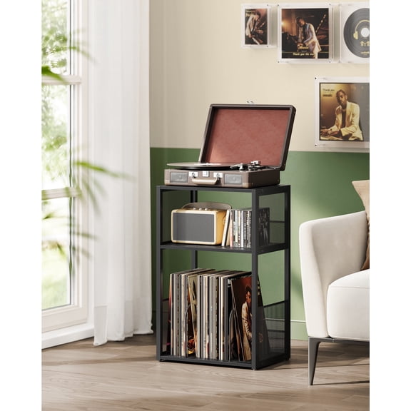 3 - Tier Record Player Stand & Side Table - Holds up to 100 Vinyl Records, Ideal for Living & Bedroom, Ebony Black
