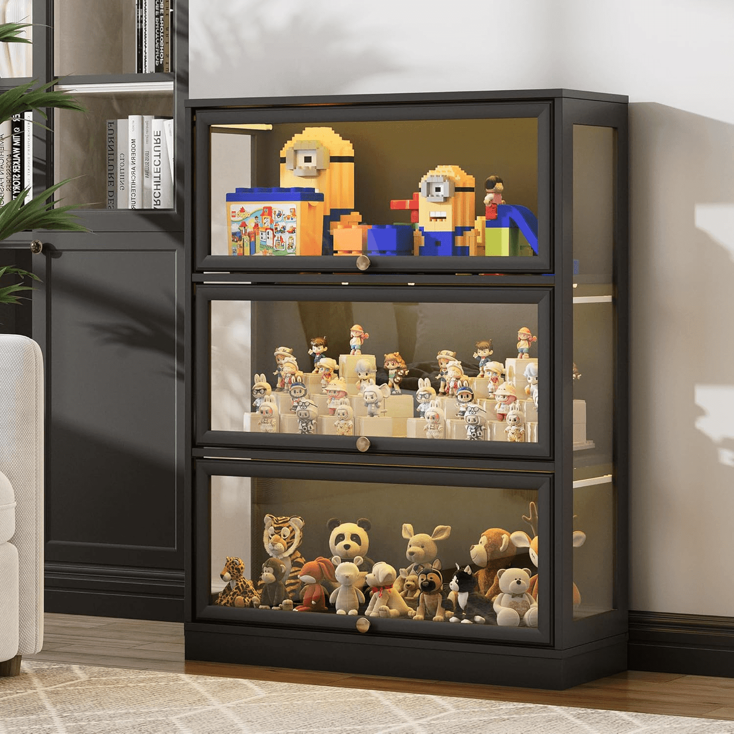 HMstone Display Cabinet with Acrylic Glass Doors, 3-Tiers Curio Display Case with LED Lights, 42’’H Storage Cabinet for Collectibles, Books, Black