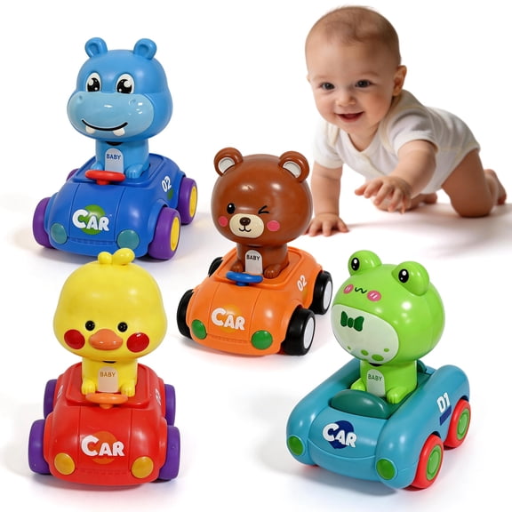 4-Pack Press and Go Toy Cars for Toddlers 1-3, Animal Racing Car Infant Play Vehicle Set, Montessori Toys for 1 Year Old Boy Girl Birthday Gift, Push and Go Cars for Baby 6-12 12-18 Months