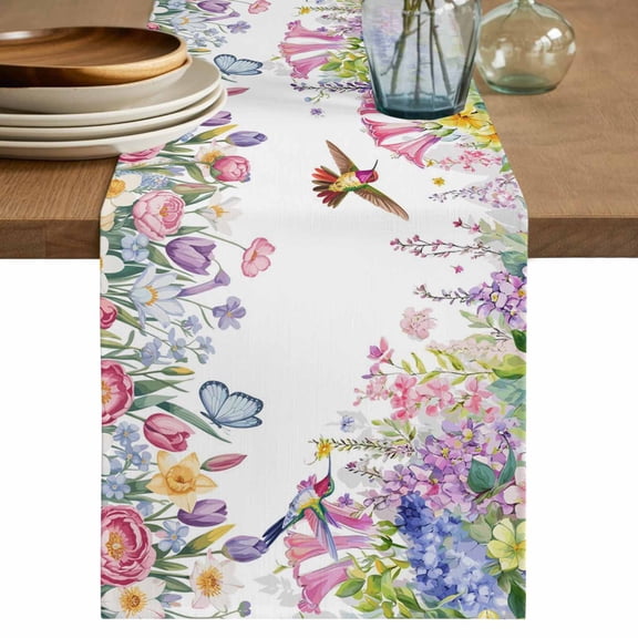Table Runner 120 Inches Long for Kitchen Dining, Watercolor Flowers Dresser Scarf Farmhouse, Dining Table Decorations for Wedding/Parties, Spring Hummingbird Butterflly Floral 13 x 120 In