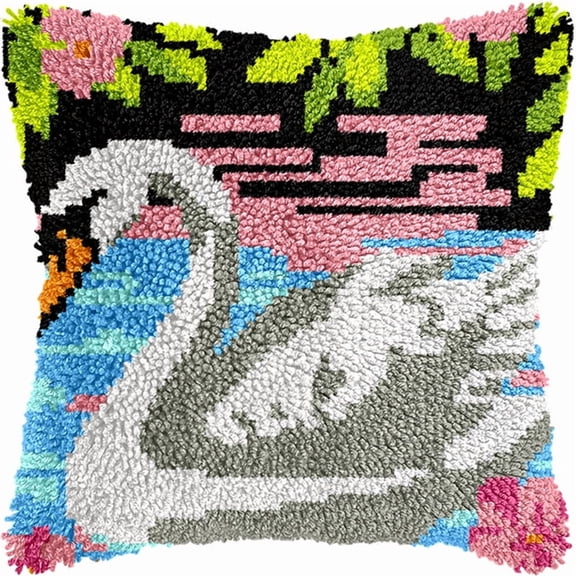 Latch Hook Pillow Kits Swans In The Lake 17X17Inch Diy Handmade Crochet Yarn Needlework Hook And Latch Kit Printed Canvas Carpet Cushion Cover Home Christmas Decoration