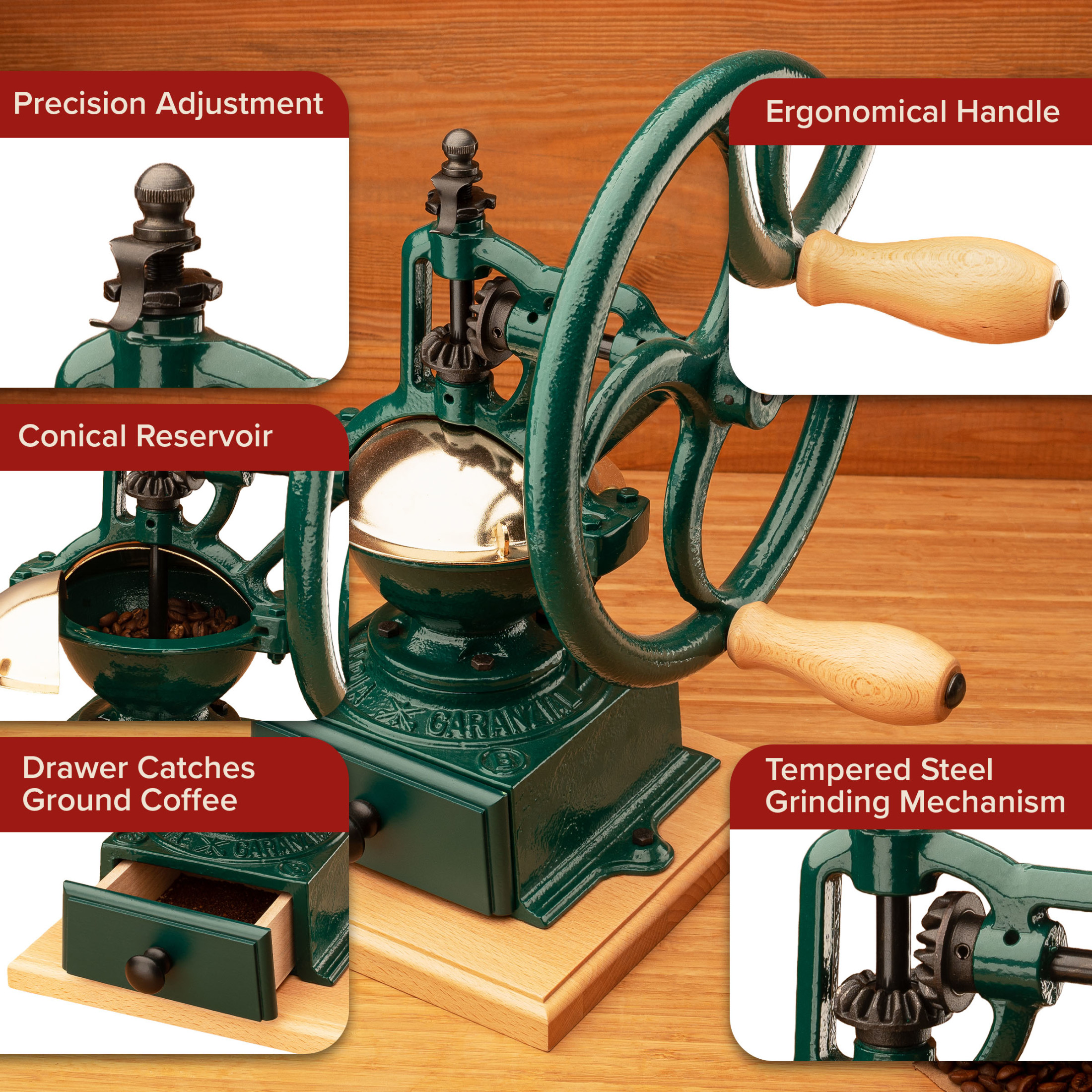 Classic Cuisine Manual Coffee Grinder - Cast Iron Conical Burr Coffee Bean Grinder (Green)
