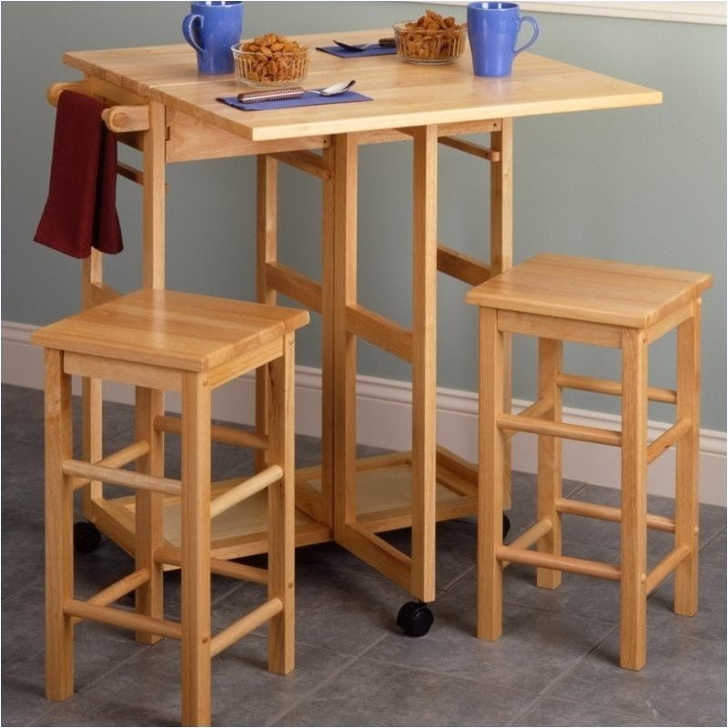 Pemberly Row Drop Leaf Table Kitchen Cart with 2 Stools in Natural