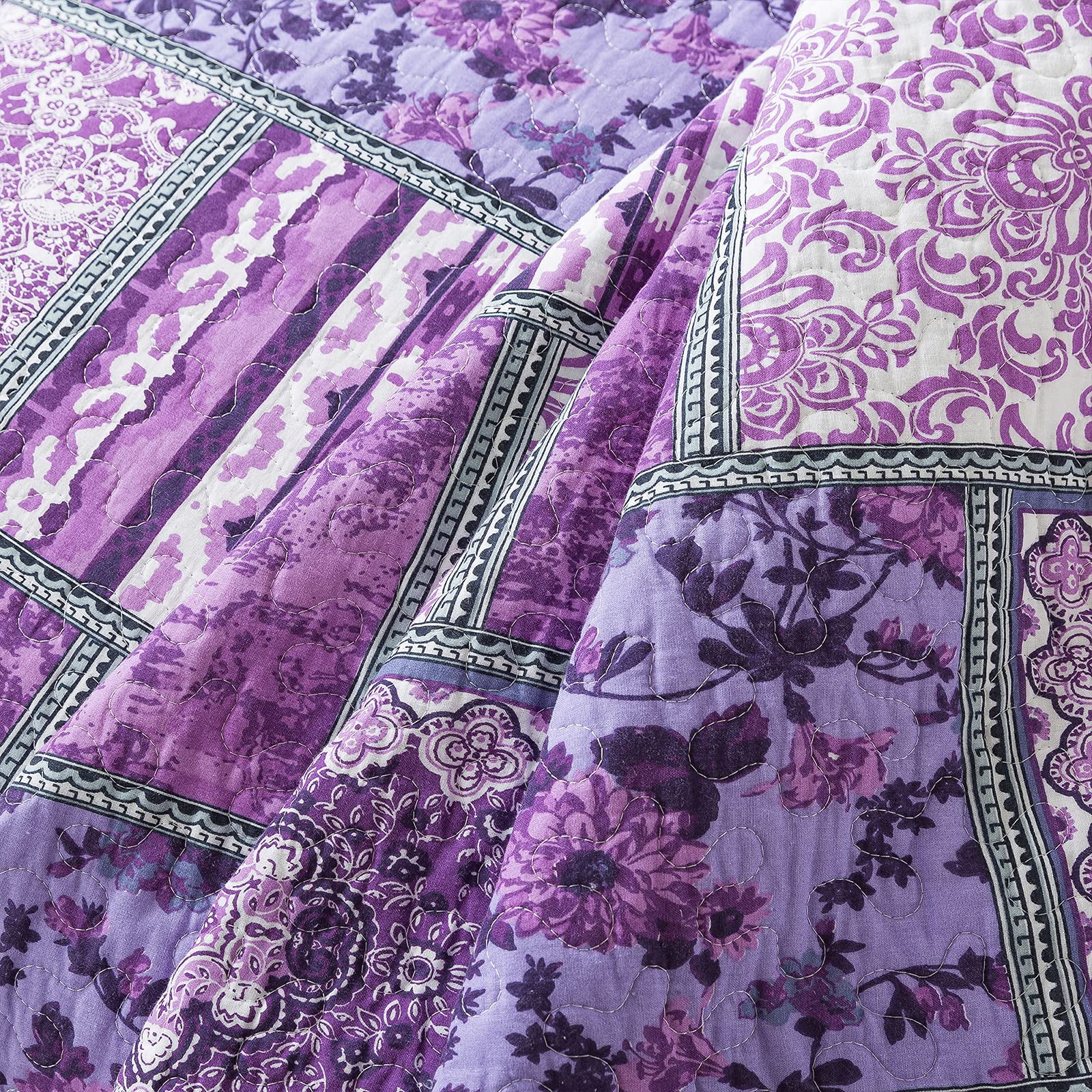 NEWLAKE Cotton Bedspread Queen Quilt Sets Reversible Patchwork Coverlet Set, Purple Classic Bohemian Pattern