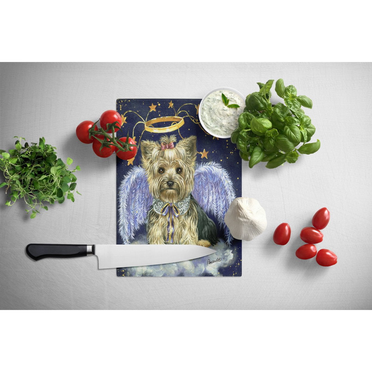 Yorkie Christmas Family Tree Glass Cutting Board Large