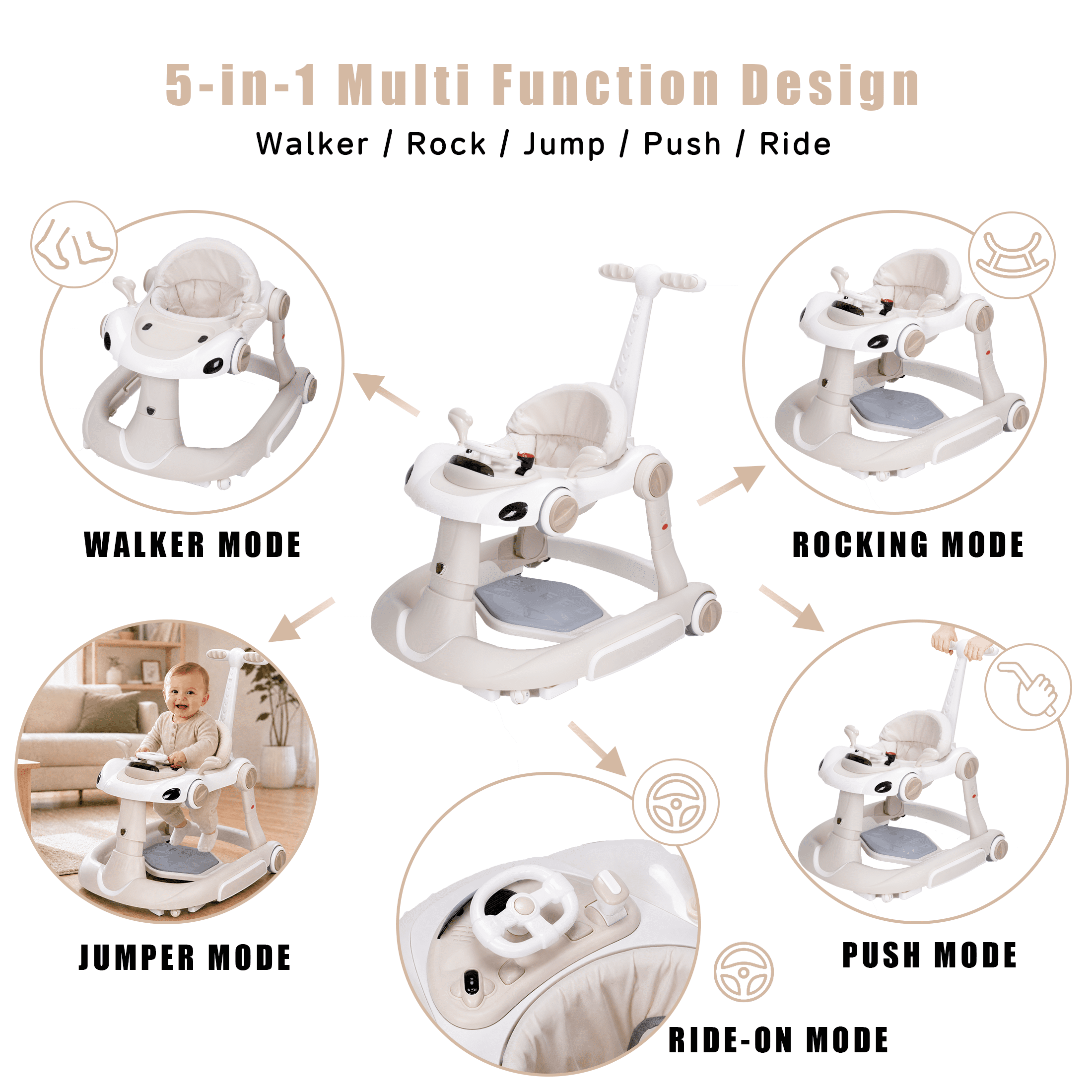 5 in 1 Baby Walker for Boys Girls,Foldable,Music,Jumper,Rocking,Push W/ 3 Height Adjustable for Infant 6-18 Months,Beige