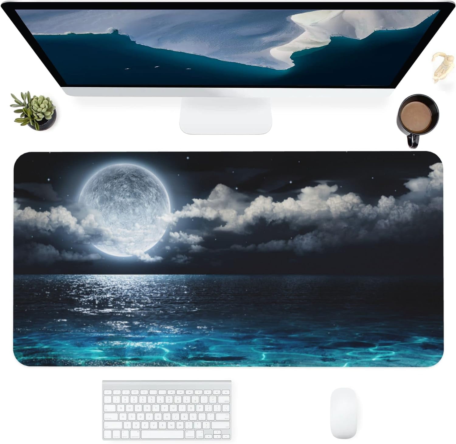 Desk Mat,Large Mouse Pad 35''''×15.6''''XXL Extended Gaming Mouse Pad Mat with Non-Slip Base Stitched Mousepad for Computer,Office,Keyboard and Laptop - Moon Ocean