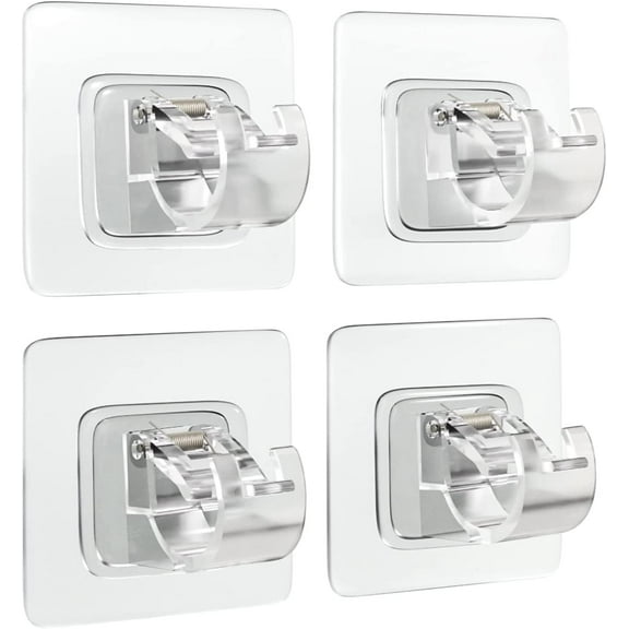 No Drill Curtain Rod Brackets, Self Adhesive Curtain Rod Holder, 4 Pack Transparent Curtain Pole Hooks Bracket for Wall, Nail Free Adjustable Curtain Rod Brackets for 15mm to 22mm Drape Poles