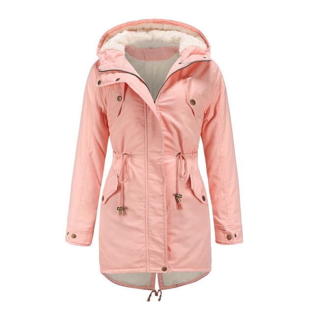 Women Drawstring Hoodie Coat Warm Inside Fleece Padded Coat Slim Zipper Coat