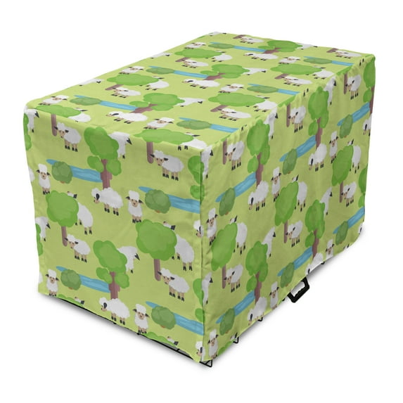 Farm Animal Dog Crate Cover, Cartoon with Sad Sheep in Forest with Trees and Pond, Easy to Use Pet Kennel Cover Small Dogs Puppies Kittens, 7 Sizes, Pale Green Multicolor, by Ambesonne