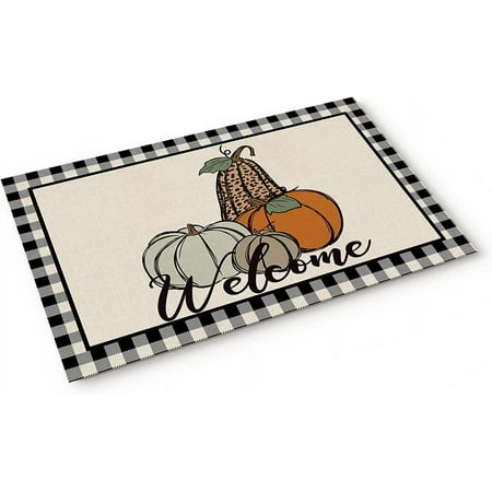 

Rustic Pumpkins Indoor Door Mat Floor Mat Anti-Skid Inside Door Rugs Doormat for Kitchen Bathroom Patio High Traffic Areas Welcome Autumn Black-White Plaid 20x32 Inch