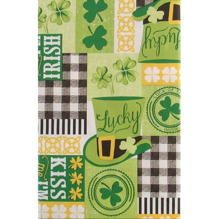 

St. Patrick s Day Kiss Me I m Irish Lucky Patchwork Vinyl Flannel Back Tablecloth (52 x 90 Oblong)