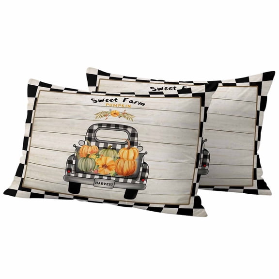Thanksgiving Fall Outdoor Waterproof Pillow Covers, Country Orange Pumpkin Truck Lattice Decorative Rectangle Throw Pillowcase Sofa Cushion Sham for Patio/Couch/Chair, 20"x12" 2 Pack