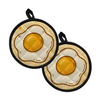 ZIATUBLES 2 Pieces Fried Egg Print Pot Holders Oven Mitts 2-in-1 Heat Resistant Hot Mats with Breathable Cotton-Like Liner Non-Slip Quilted Liner Trivets Cute Kitchen 8 Inch Round Decor