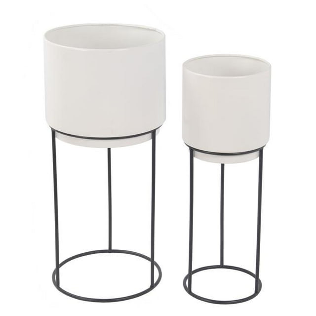 Benjara BM239447 Round Metal Planter with Tubular Base, White & Black - 2 Piece