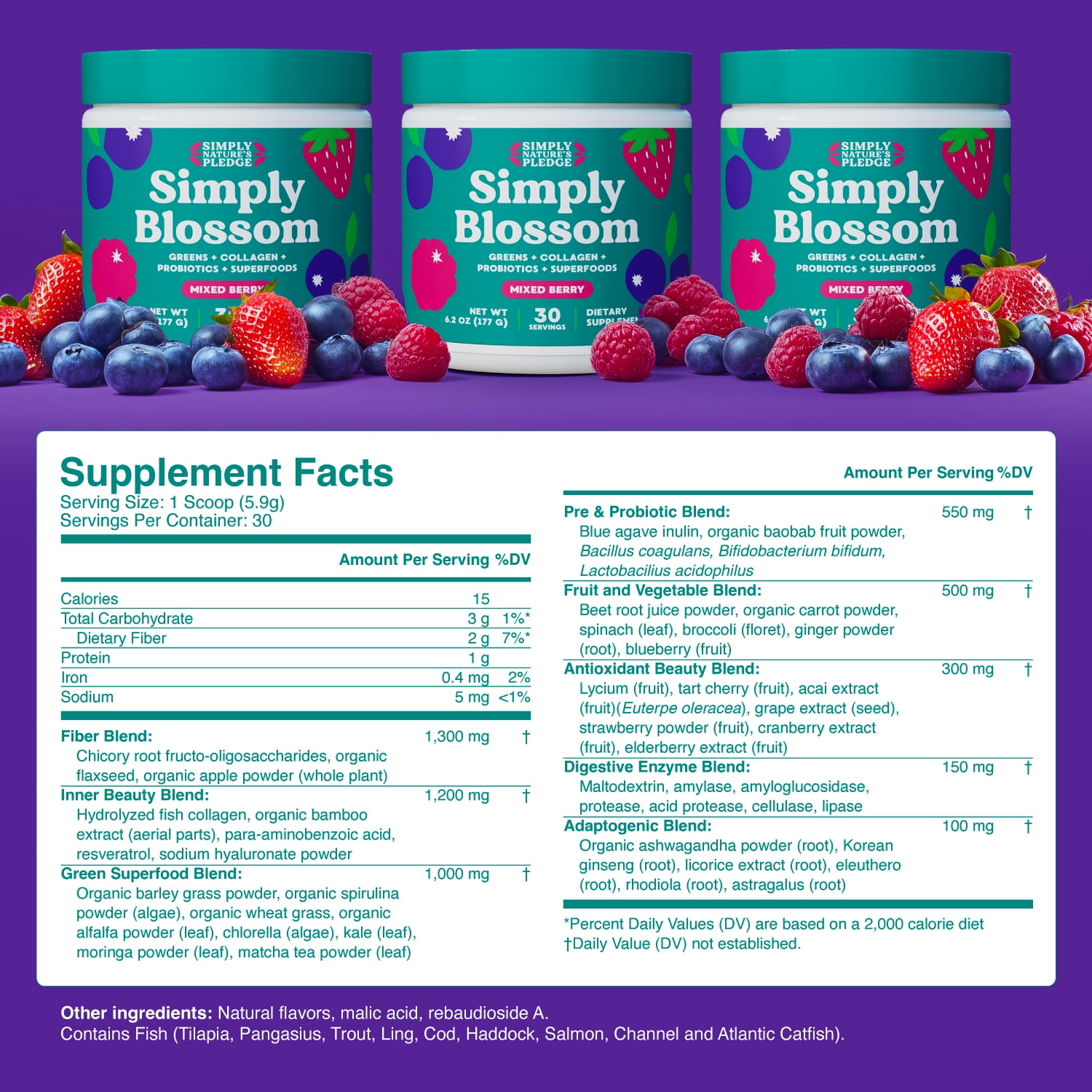 Simply Blossom Daily Greens & Superfood Powder for Women – Collagen + Probiotics for Digestion, Bloating Relief & Energy – 48 Organic Nutrients, Gut Health Support – Mixed Berry, 30-Day SupplySimply
