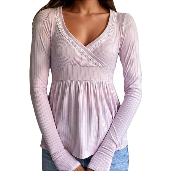 QHFBli Women Knit Tops Long Sleeve Lace Patchwork Low Cut Peplum Sweater Fairy Vintage 90s Coquette Blouse