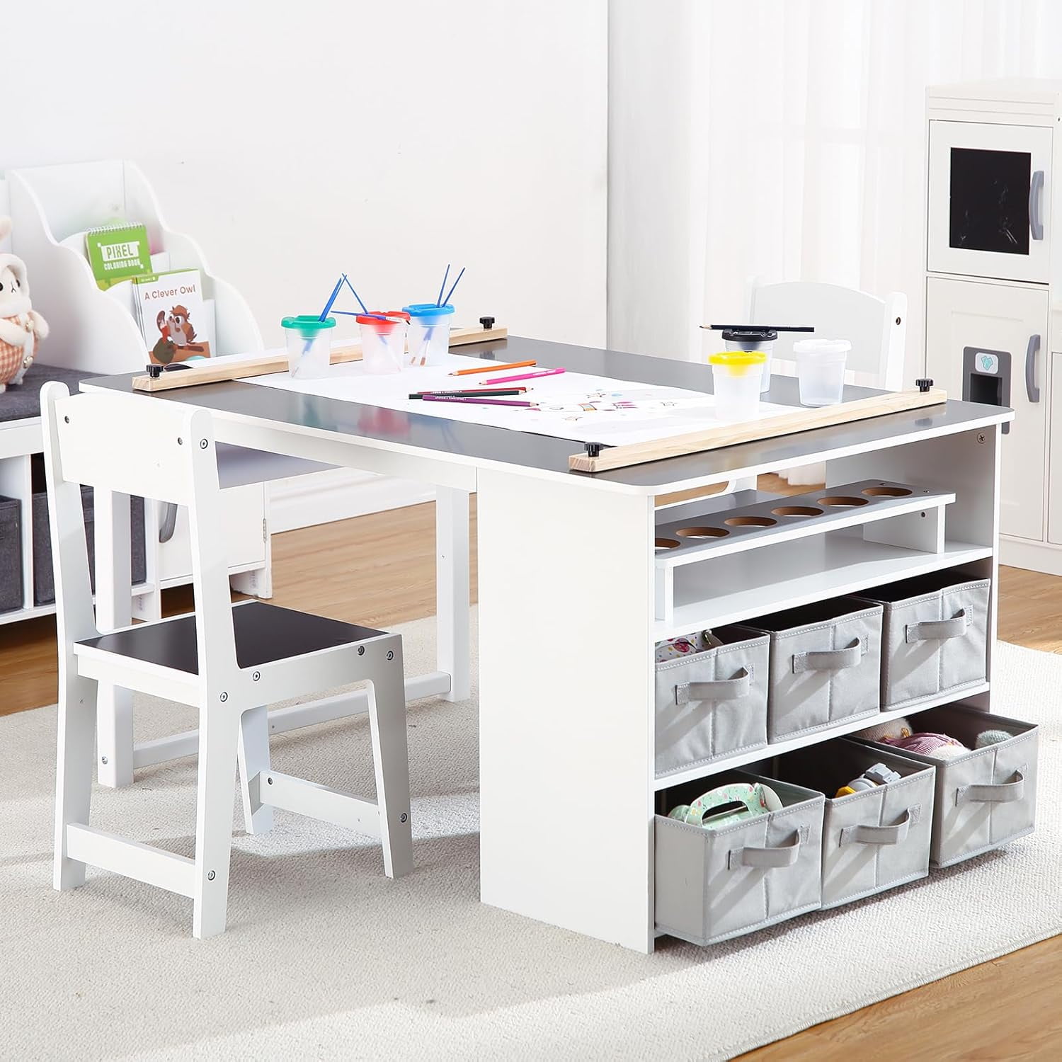 4 In 1 Kids Art Table and Chair Set,Toddler Craft Large Storage Desk With Portable Art Supply Organizer, Drawing Desk, Kids Activity and Study Table, Activity & Crafts for Children Wooden Furniture