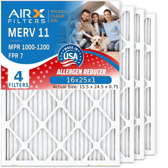 16x25x1 Air Filter MERV 11 Comparable to MPR 1000, MPR 1200 & FPR 7 Electrostatic Pleated Air Conditioner Filter 4 Pack HVAC Premium USA Made 16x25x1 Furnace Filters by AIRX FILTERS WICKED CLEAN AIR.