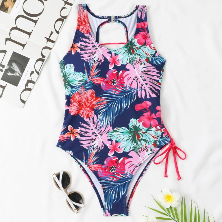 KIJBLAE Women's One Piece Bodysuit Side Cross Bandage Swimwear Sets Summer  Fashion Cozy Outfits for Girls Tight Strappy Bathing Suit Hawaiian Tropical 
