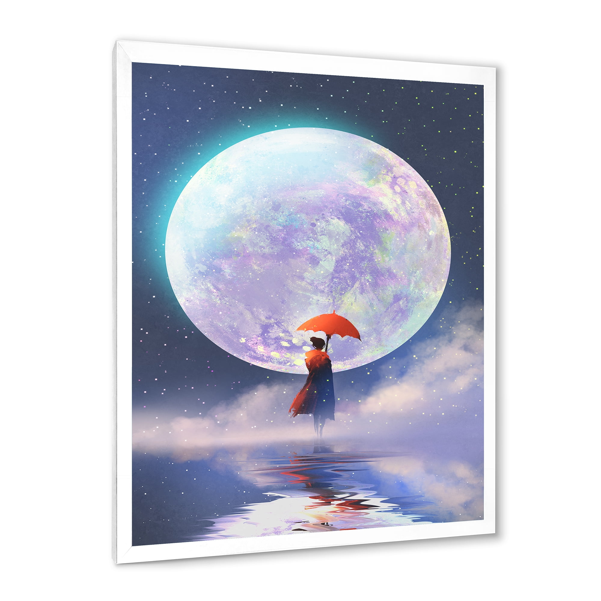 Designart 'Girl With Umbrella Standing On Water Against Moon' Traditional Framed Art Print