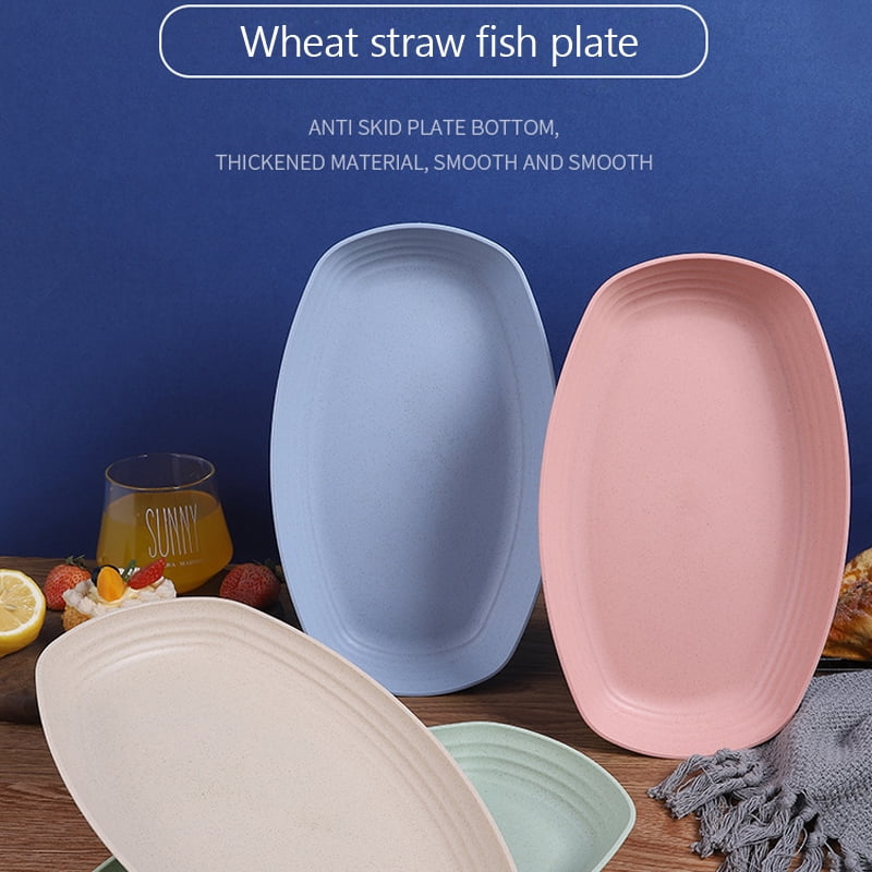 4 Pcs Wheat Straw Plate Dishes Tableware Salad Breakfast Lunch Dinner Tray 