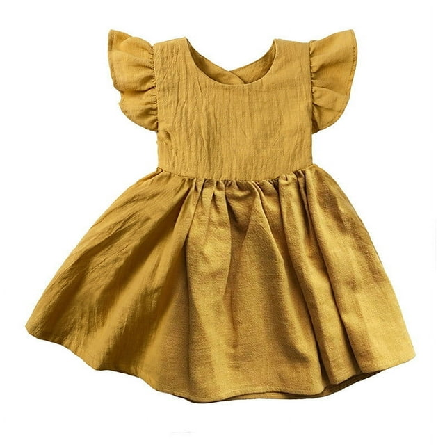 ShomPort Jupe d'Été pour Filles en Lin Sans Manches Ligne A Col Ras du Cou à Volants Confortable Respirante Couleur Unie Robe de Vacances