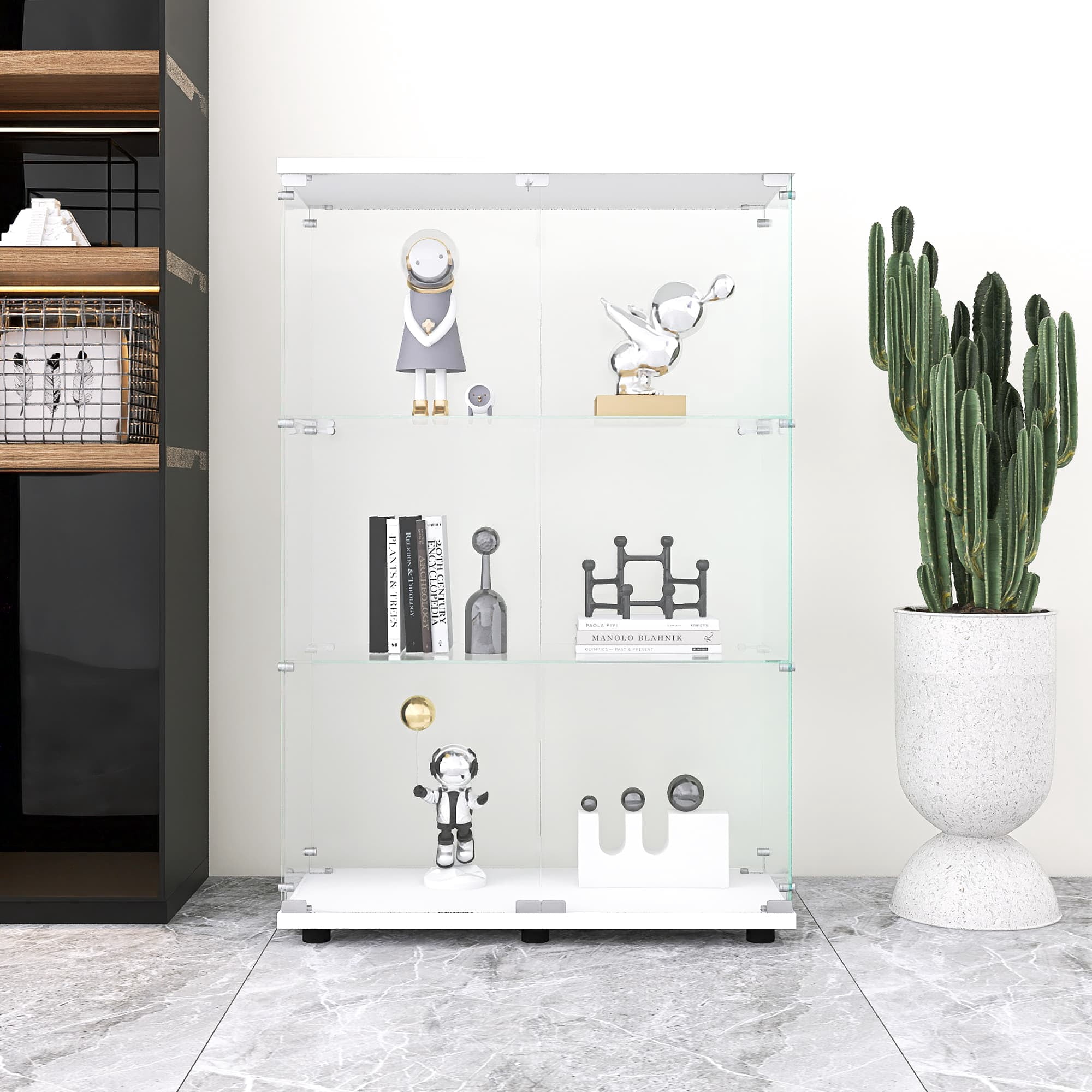 MAYEERTY Glass Display Cabinet 3 Shelves with Double Door, Floor Standing Glass Bookshelf, 49.3"×31.7"×14.3", White