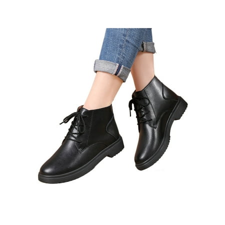 

Daeful Womens Waterproof Round Toe Short Bootie Walking Comfortable Ankle Boots Outdoor Winter Warm Leather Shoes Combat Boot Black with Plush Lined 8