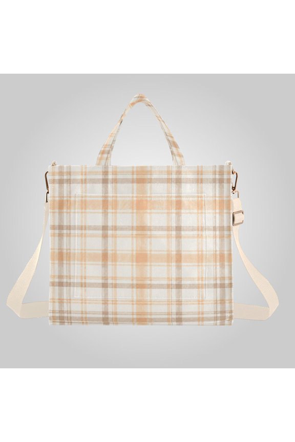 Corduroy Composite Fabric Tote Bag Magnetic Snap Large Capacity Crossbody Bag Beige Shoulder Strap Warm Orange Plaid Pattern