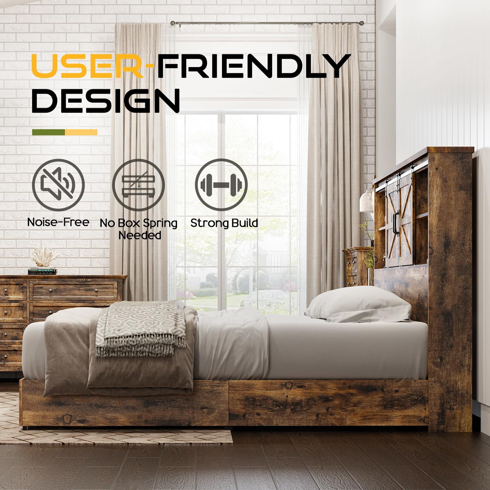 VanAcc Full Size Wooden Platform Storage Bed Frame with 51.2" Wood Bookcase Headboard(Rustic Brown)