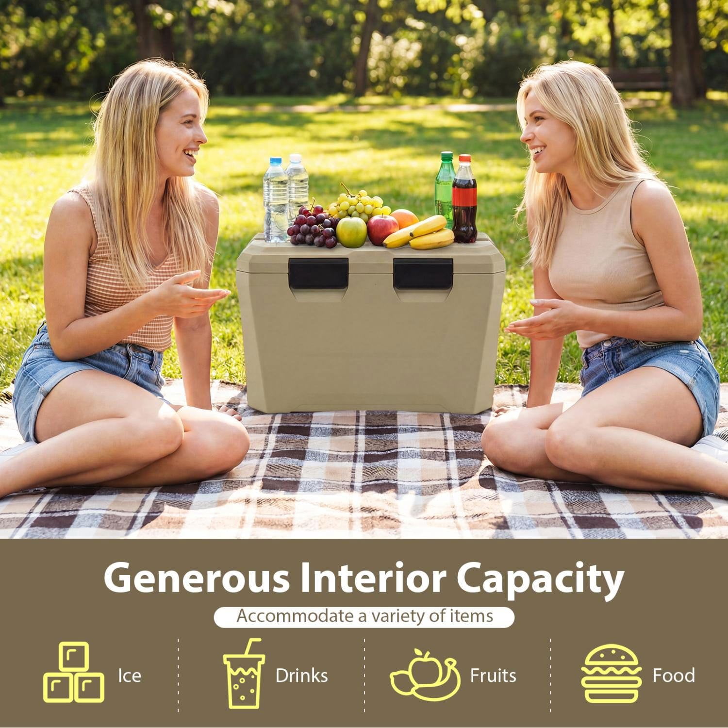 Resenkos Insulated Hard Shell Portable Cooler with Cup Holders Bottle Opener and Drain Plug, Outdoor Ice Chest for Camping, Beach and Picnics, Brown